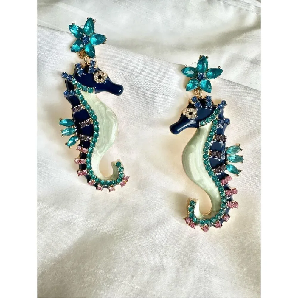 Navy blue and rhinestone seahorse dangle earrings 